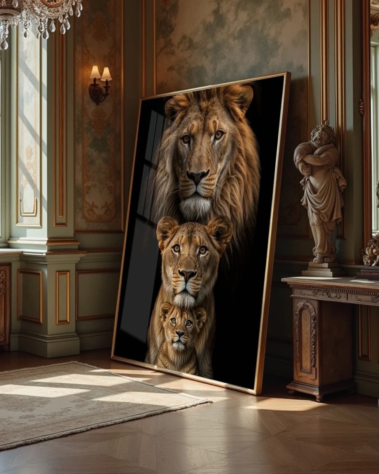 Quadro Família de Leões Vertical com Filhote