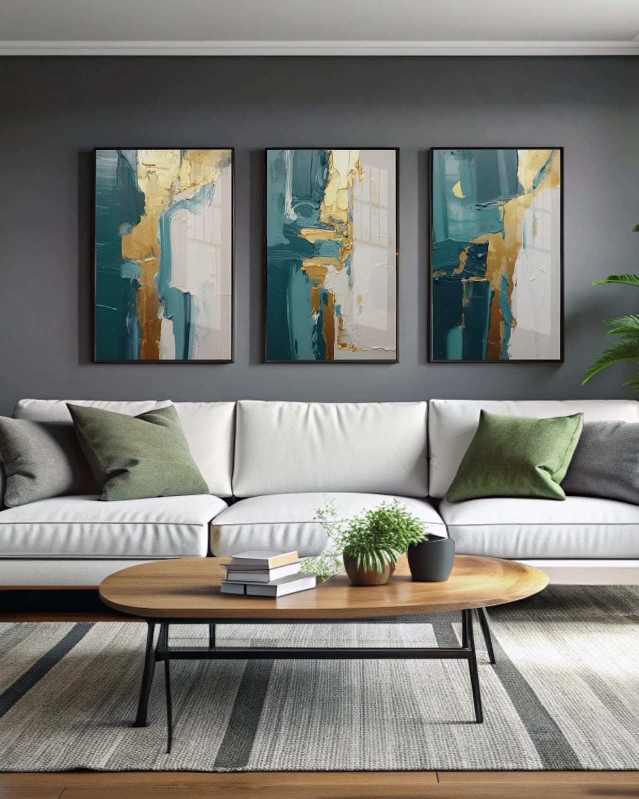 Trio de Quadros Fluidez Turquesa e Ouro