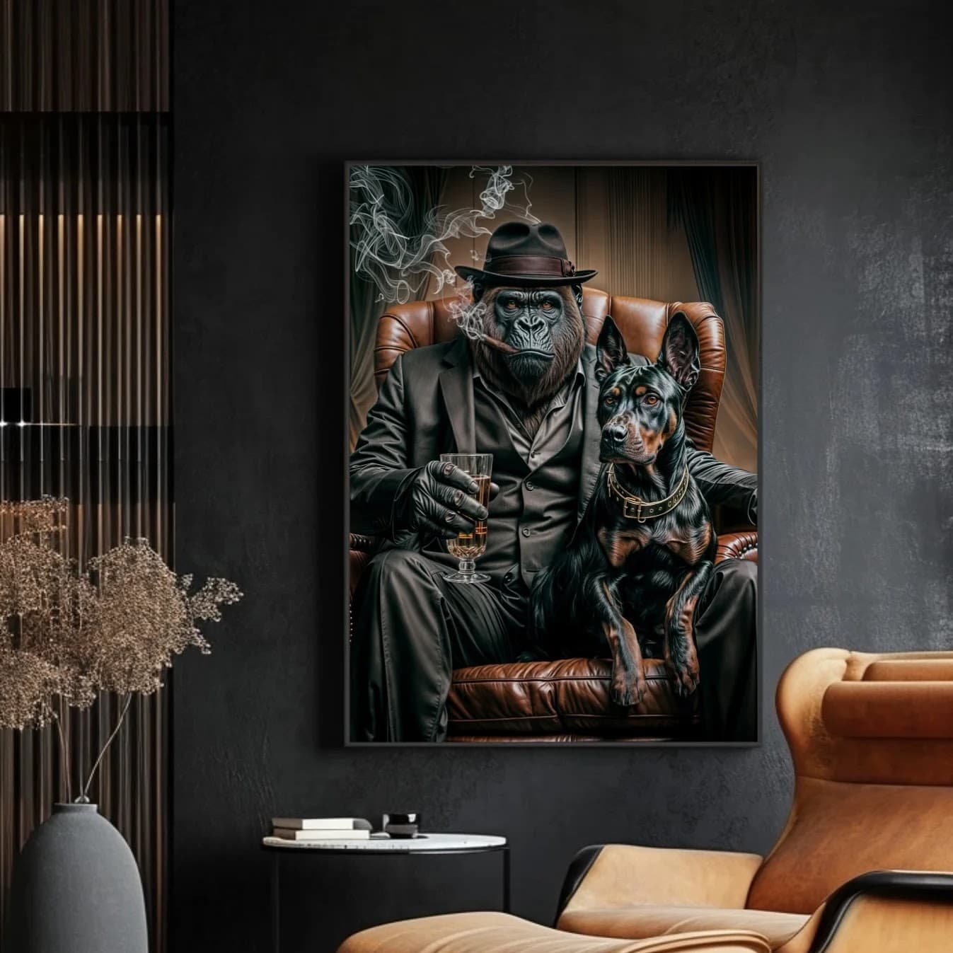 Quadro Gorila Gângster com Doberman