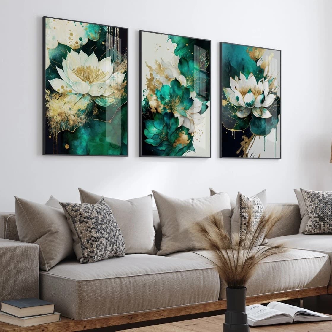 Trio de Quadros Lótus Divino Flores Aquáticas