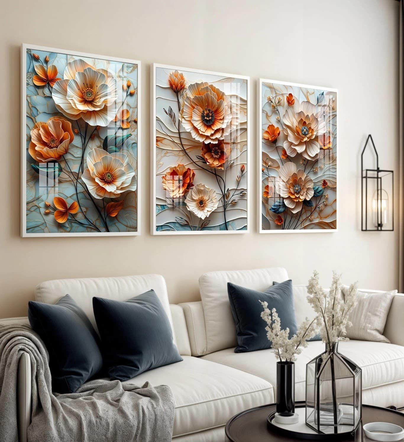 Trio de Quadros Flores Laranja Tapeçaria