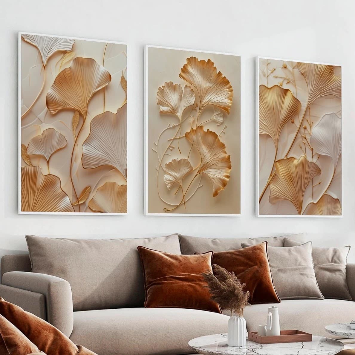 Trio de Quadros Ginkgo Biloba Harmonia Clássica
