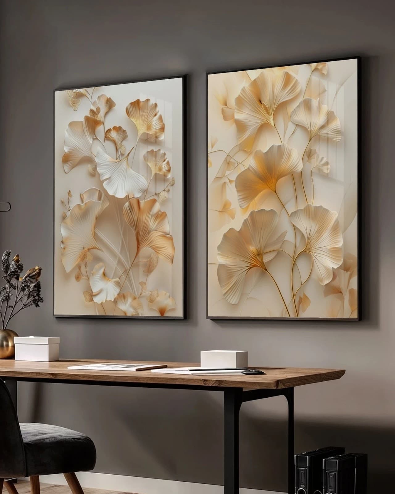 Dupla de Quadros Folhas de Ginkgo Douradas