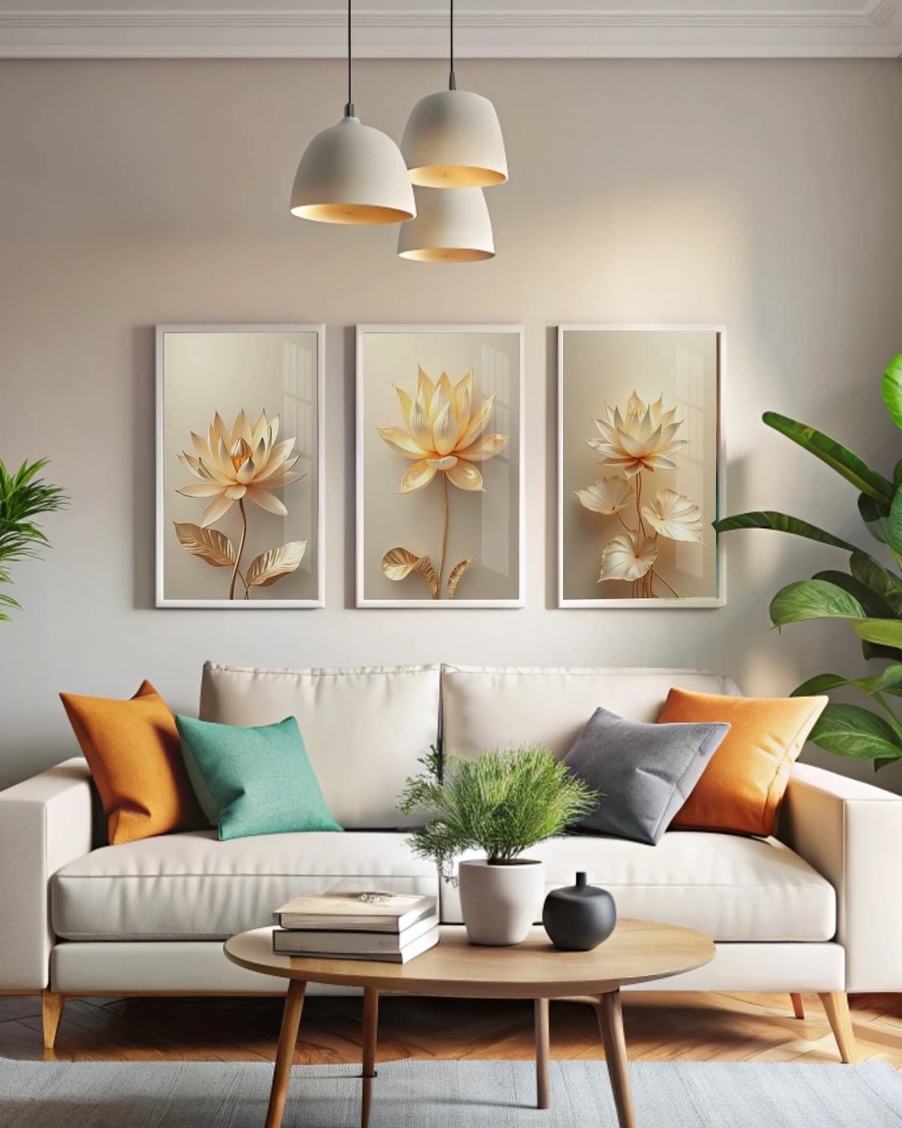 Trio de Quadros Lótus Dourado Serenidade