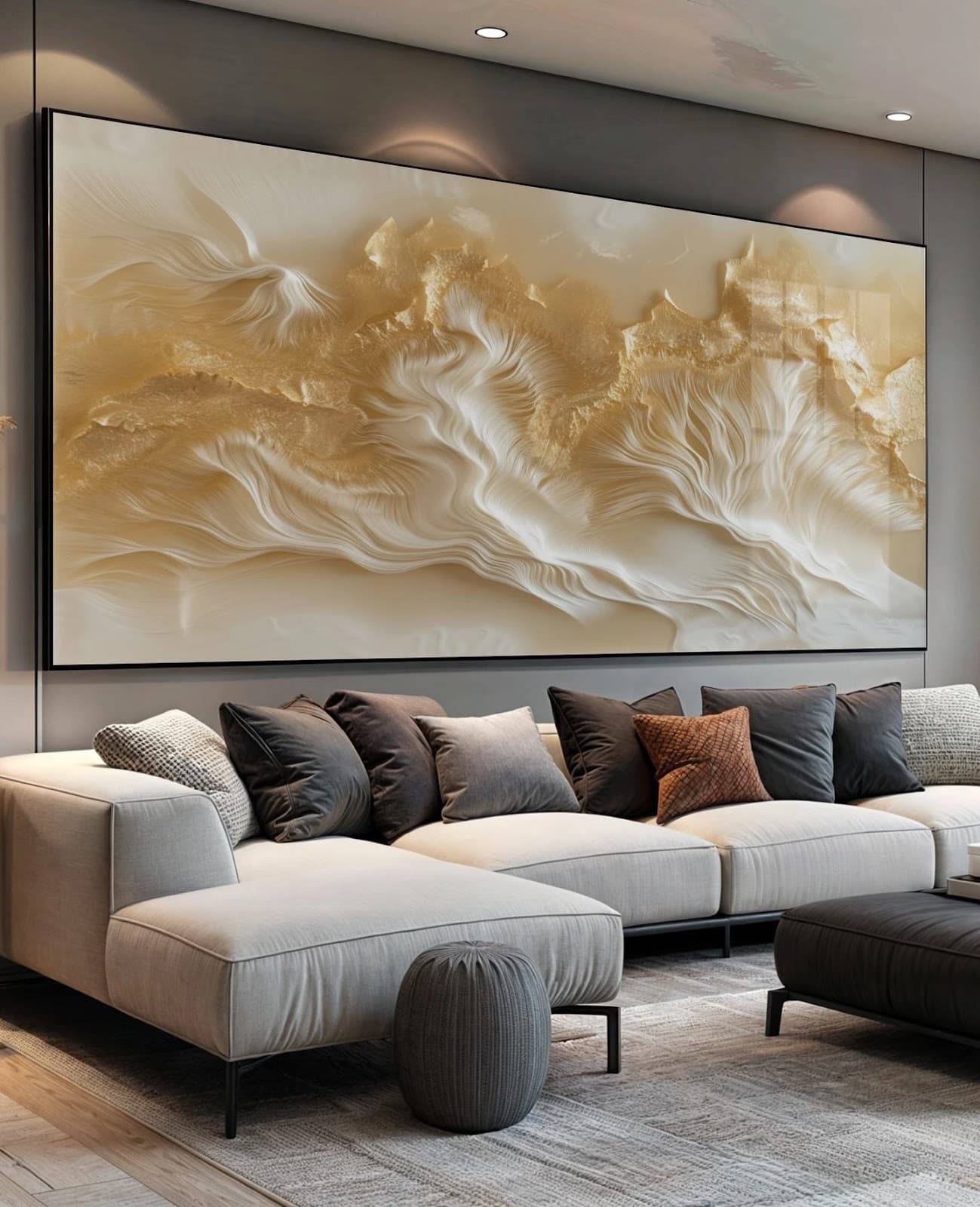 Quadro Ondas Brancas e Douradas em Relevo