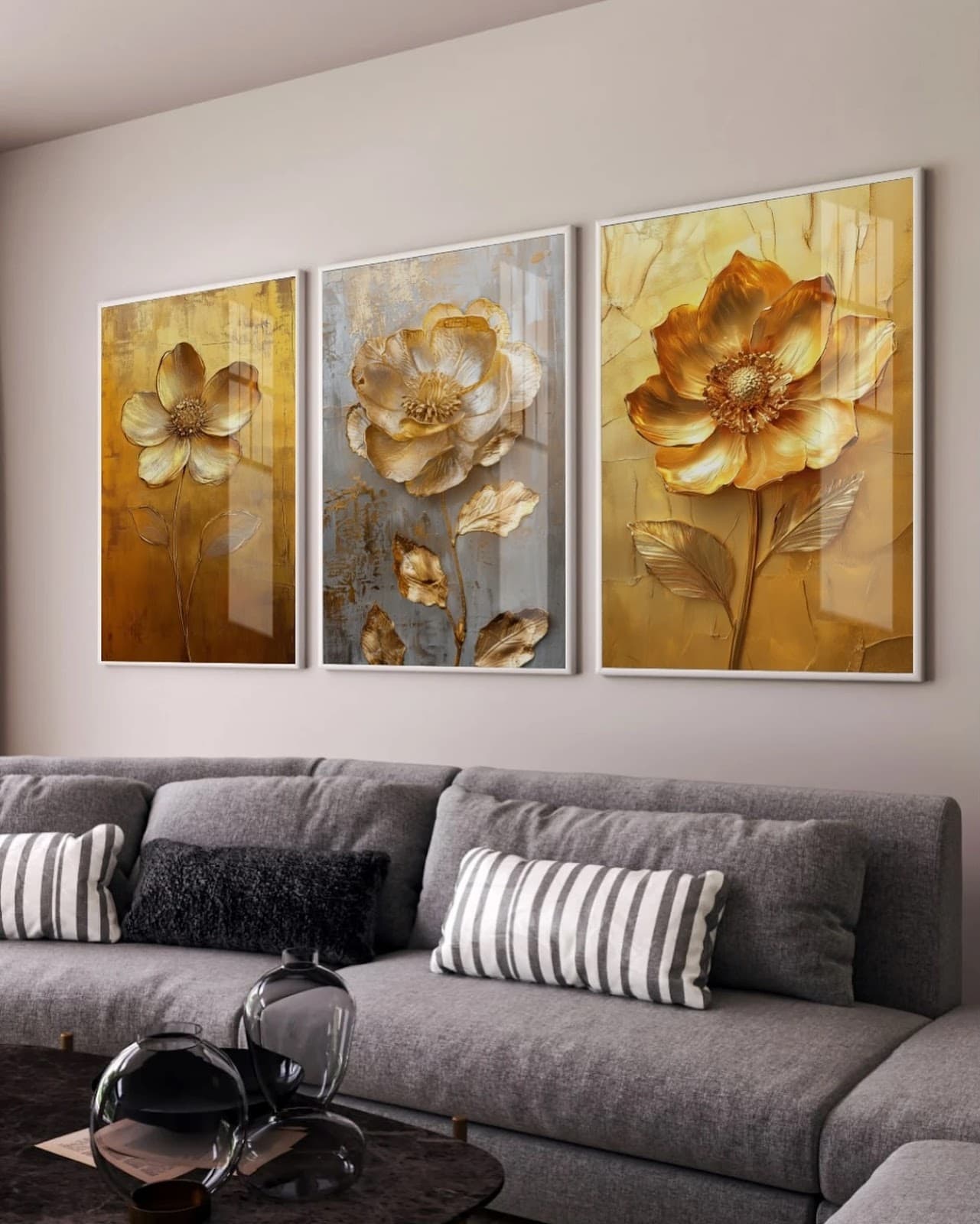 Trio de Quadros Ouro Florido Rosas Douradas