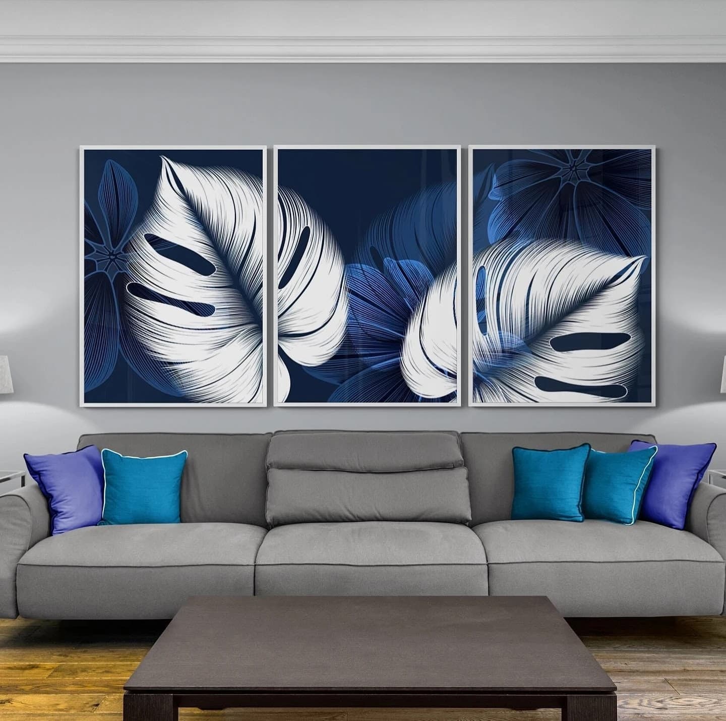 Trio de Quadros Folhas Brancas em Azul