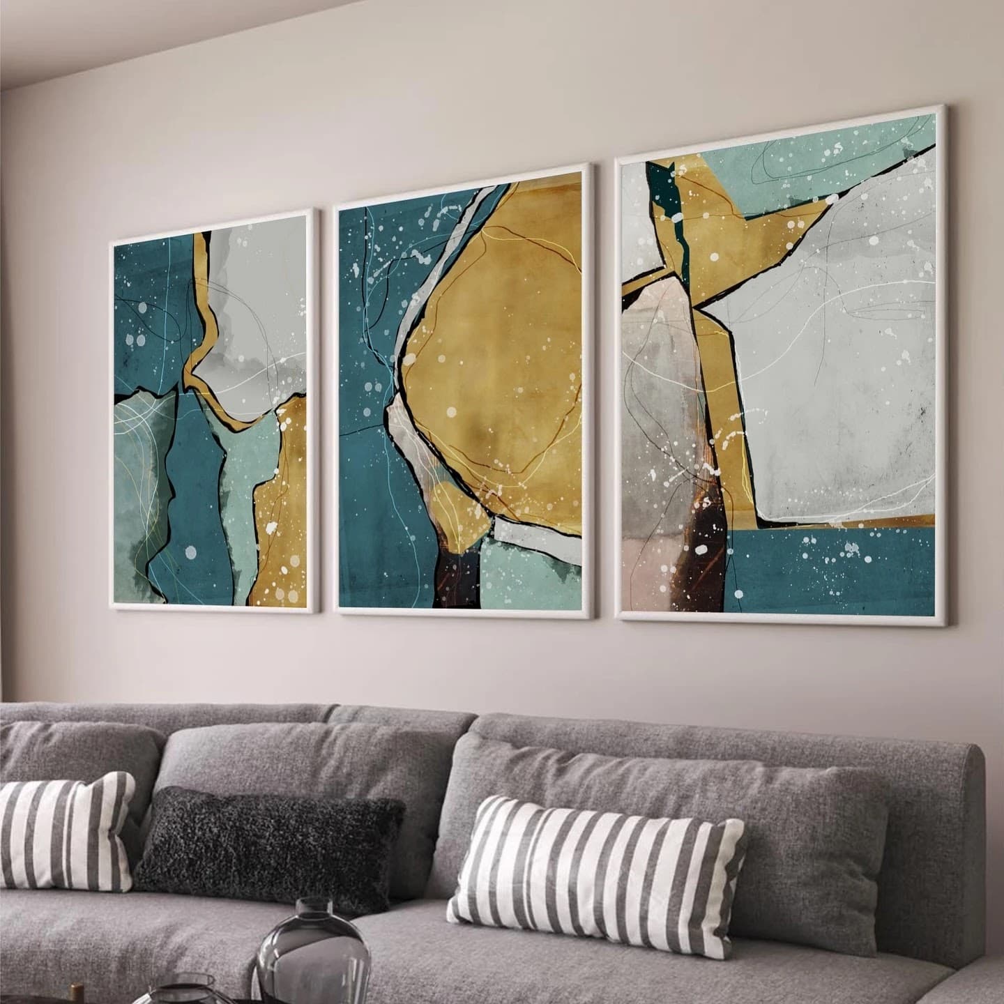 Trio de Quadros Geometria Turquesa Contemporânea