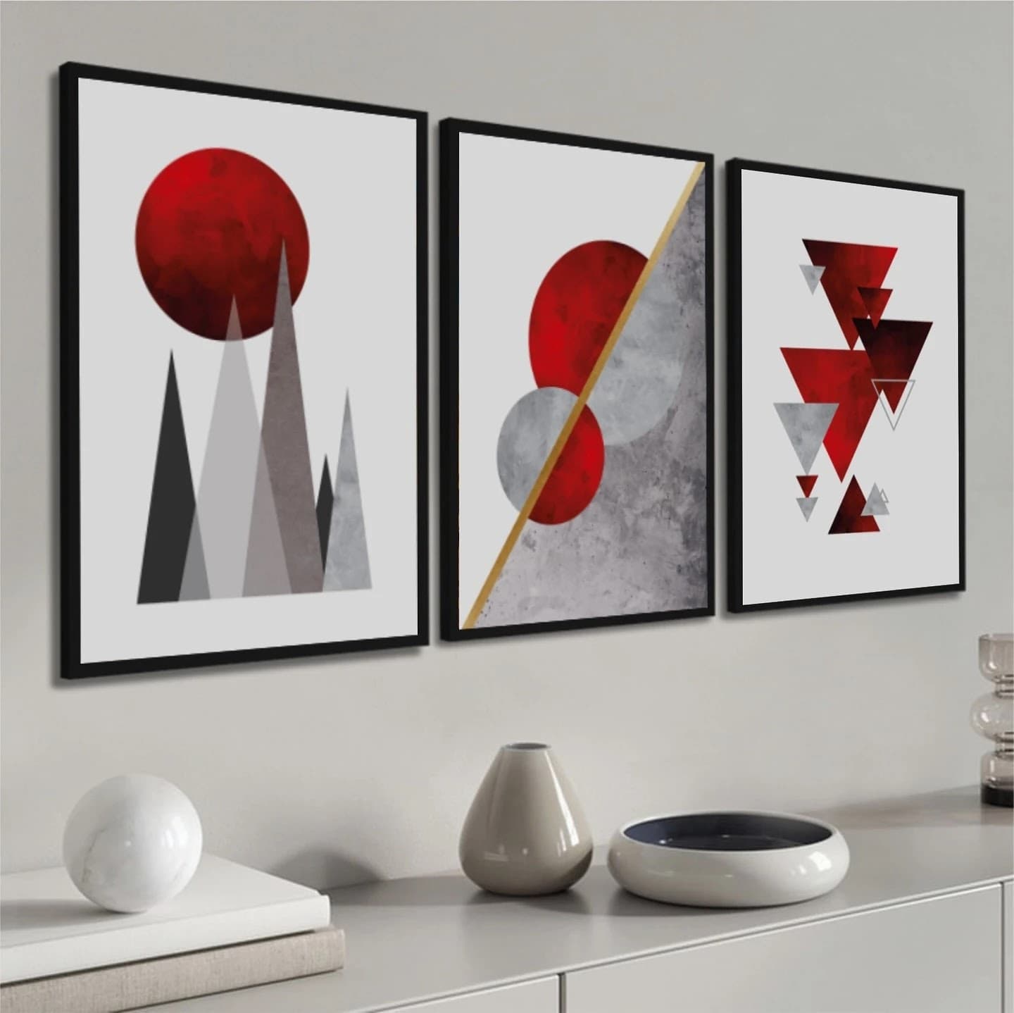 Trio de Quadros Abstratos Minimalistas Vermelho