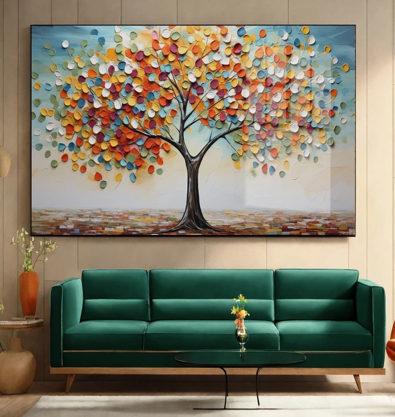 Quadro Árvore Folhas Arco-Íris Vida