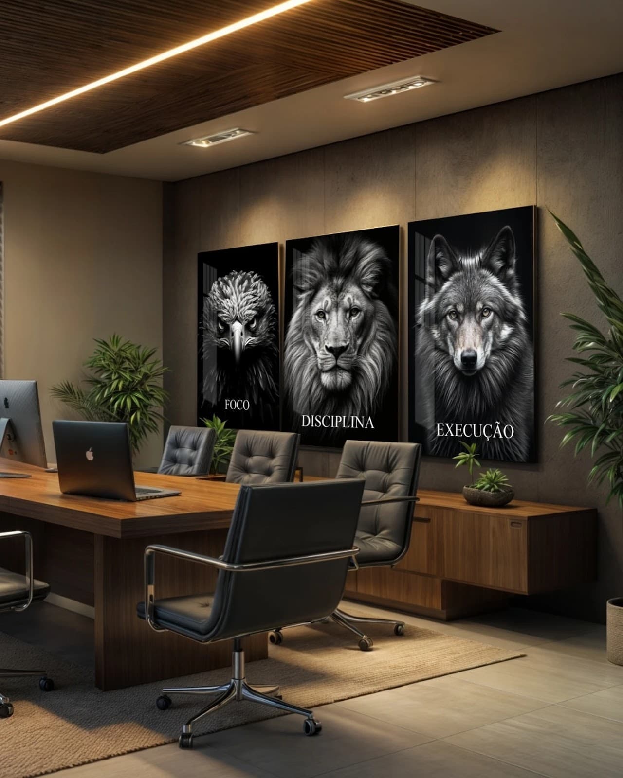Trio de Quadros Foco Disciplina Execucao Aguia Leao e Lobo
