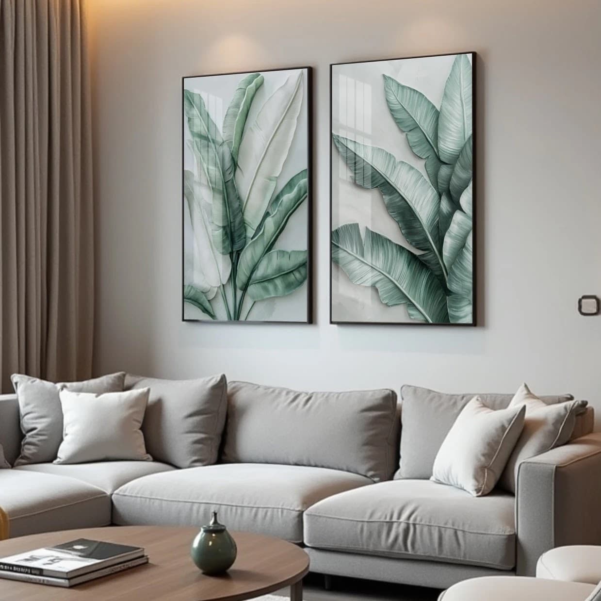 Dupla de Quadros Folhas Verdes Minimalistas
