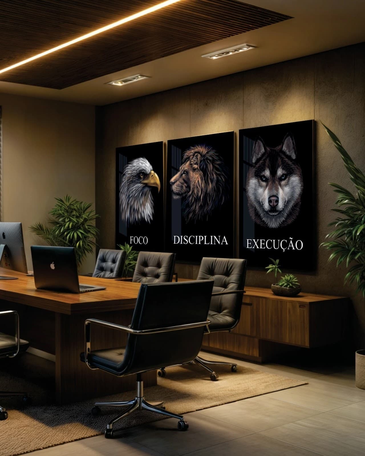 Trio de Quadros Poder Selvagem Águia Leão e Lobo