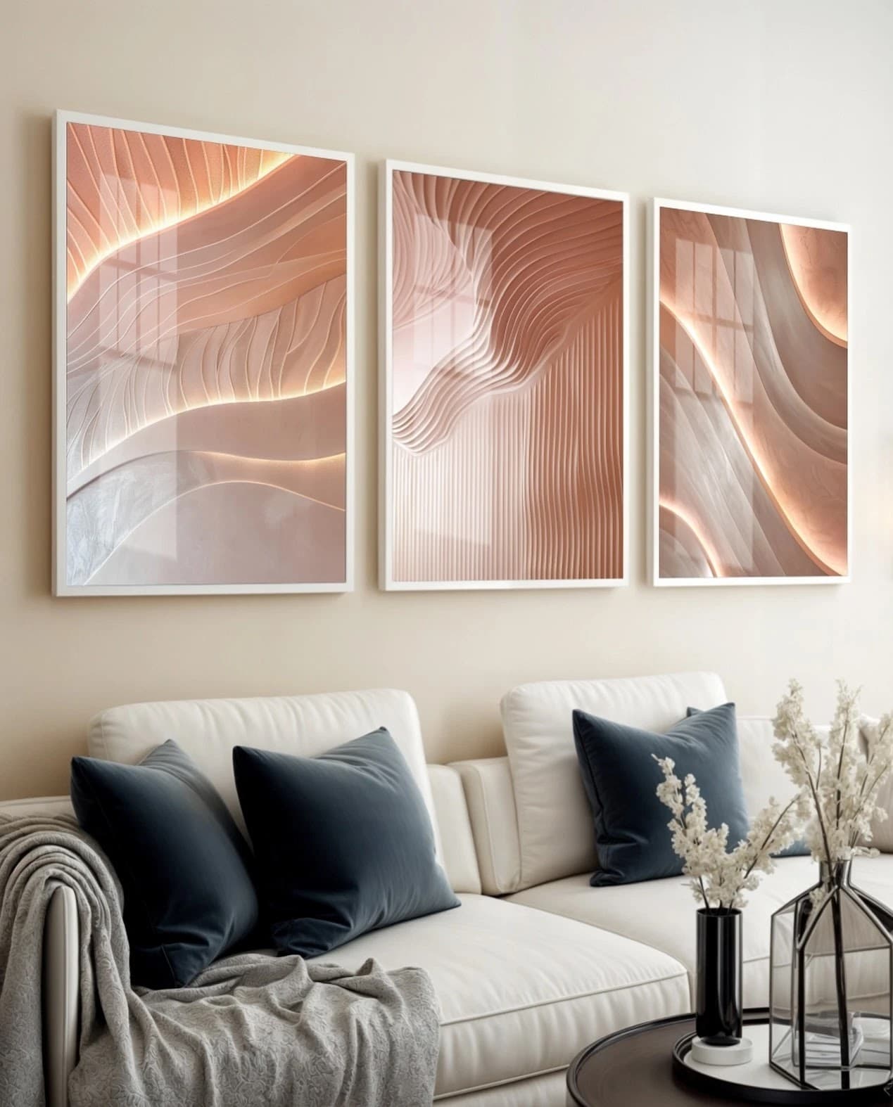 Trio de Quadros Ondas Abstratas Tons Pastel