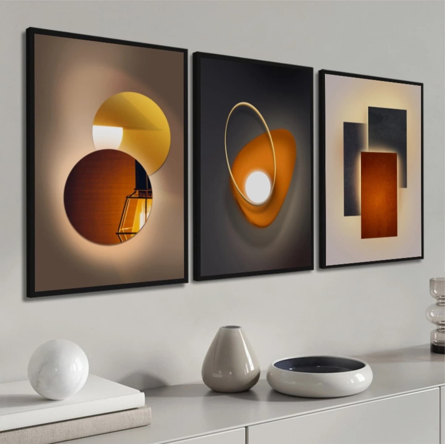 Trio de Quadros Luminárias Geométricas Elegância