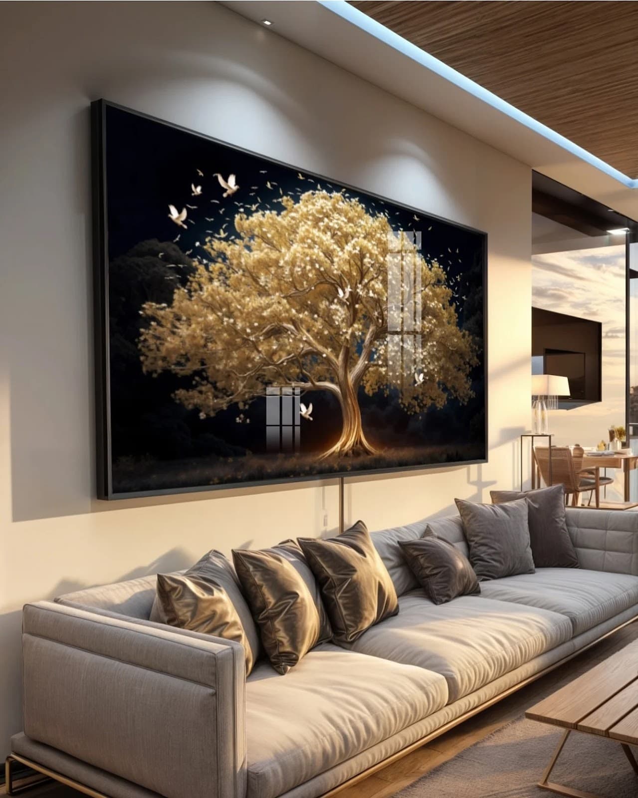 Quadro Árvore Dourada com Pássaros