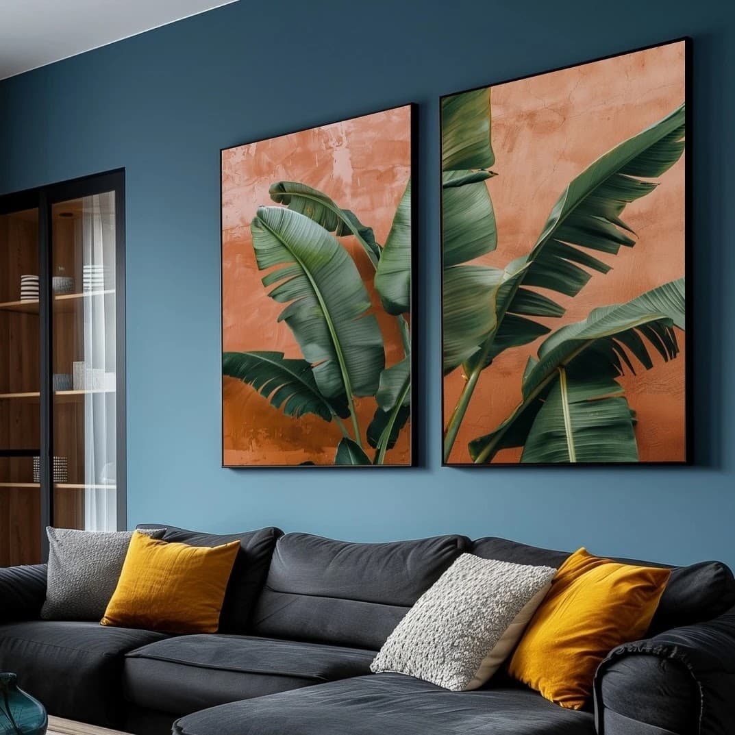 Dupla de Quadros Folhas Tropicais Banana Laranja
