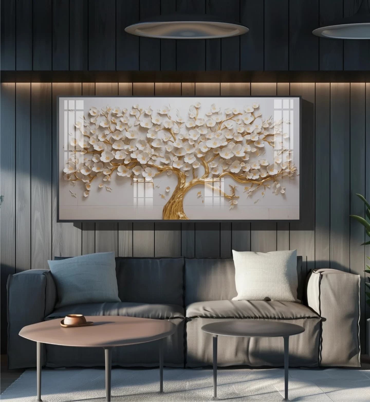 Quadro Árvore de Flores Brancas e Ouro