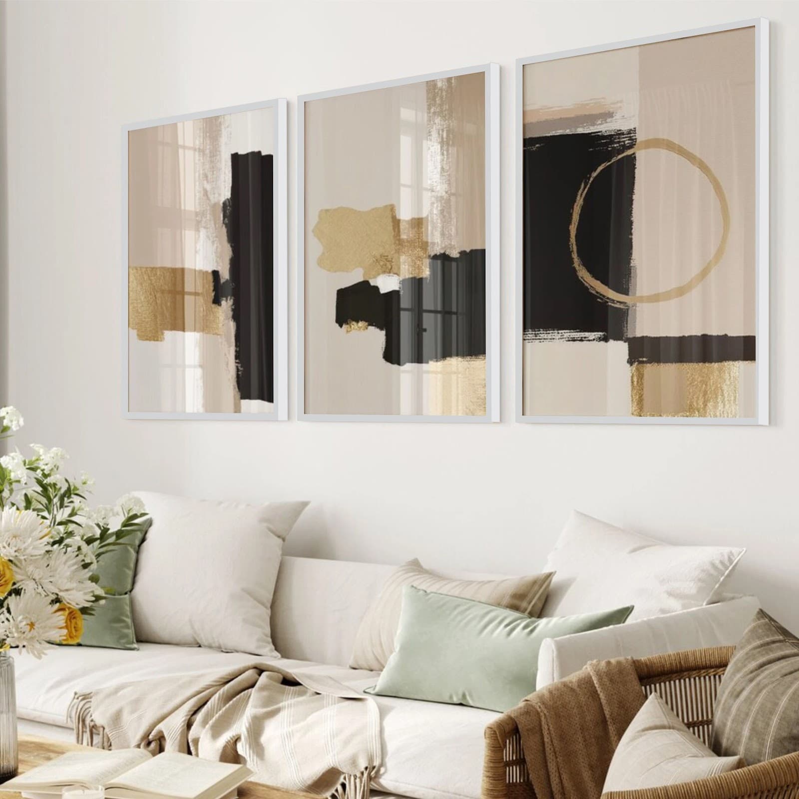 Trio de Quadros Composição Abstrata Elegante