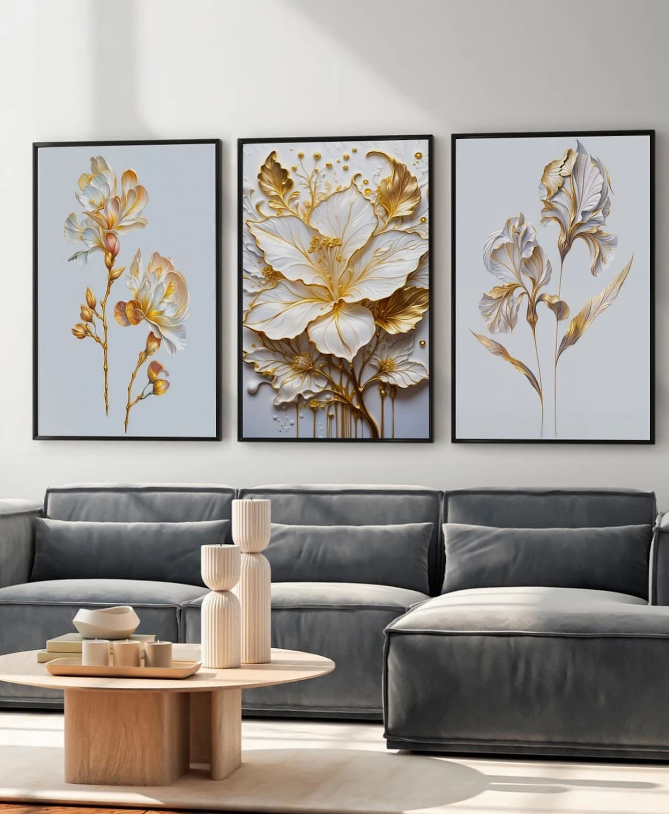 Trio de Quadros Flores Douradas Minimalistas