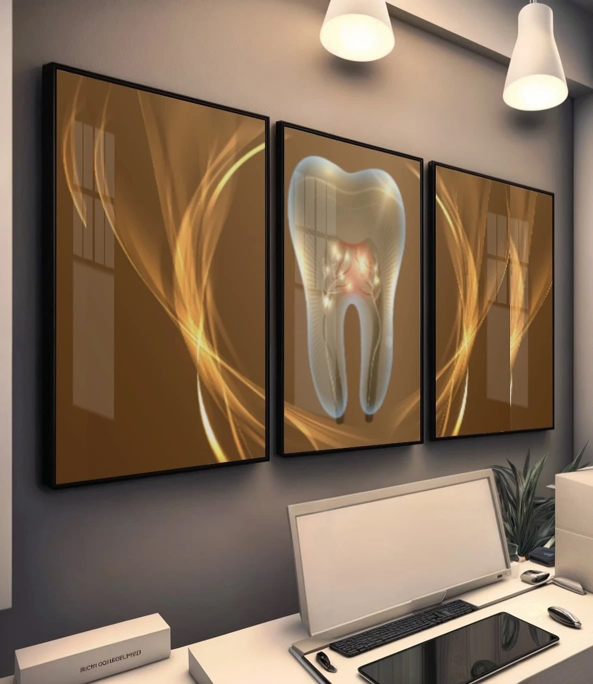 Trio de Quadros Luz Dental Neon Dourado e Branco