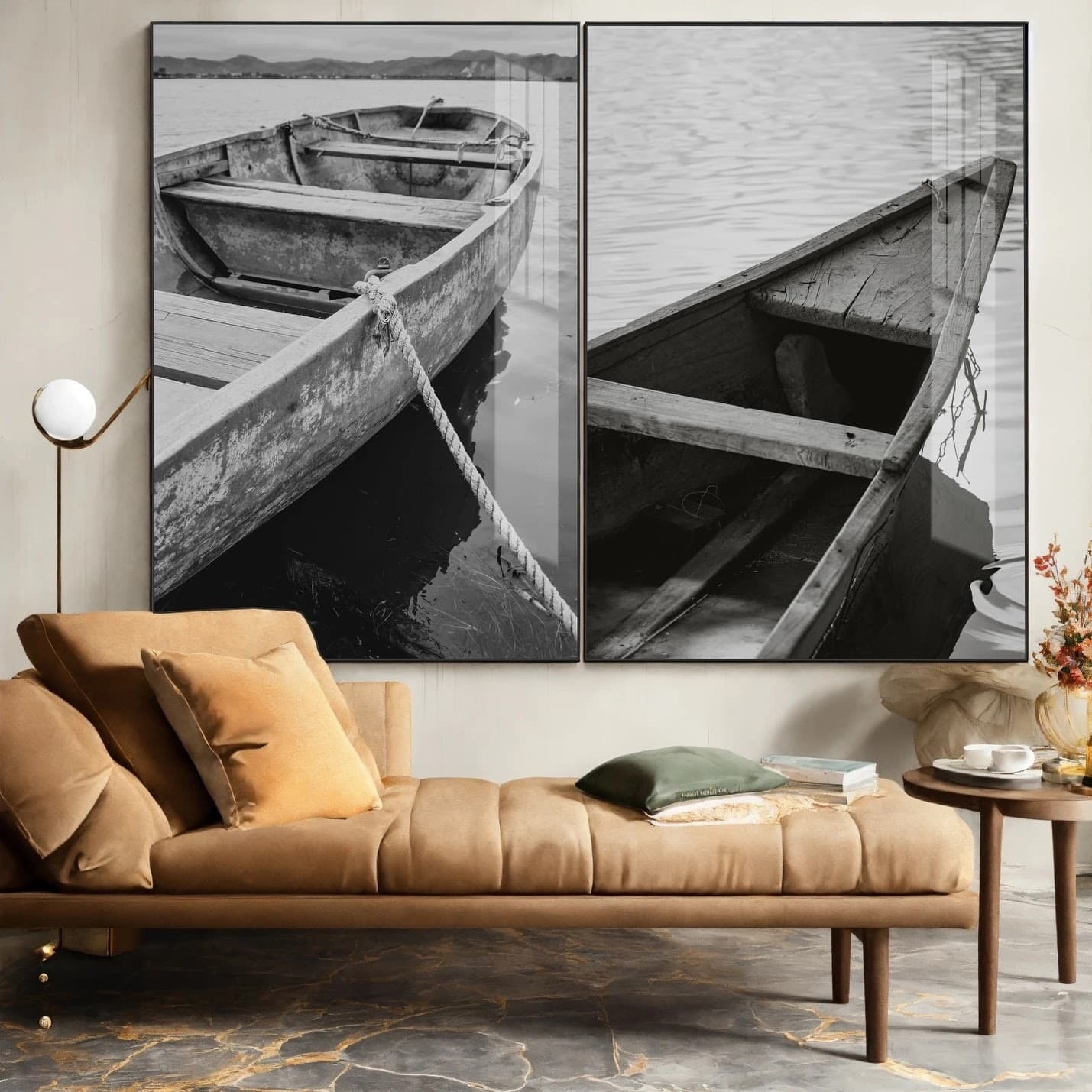 Dupla de Quadros Barcos de Madeira em Preto e Branco