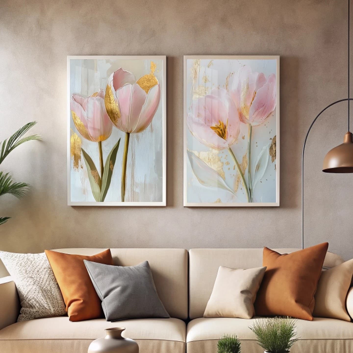 Dupla de Quadros Tulipas Rosas e Douradas