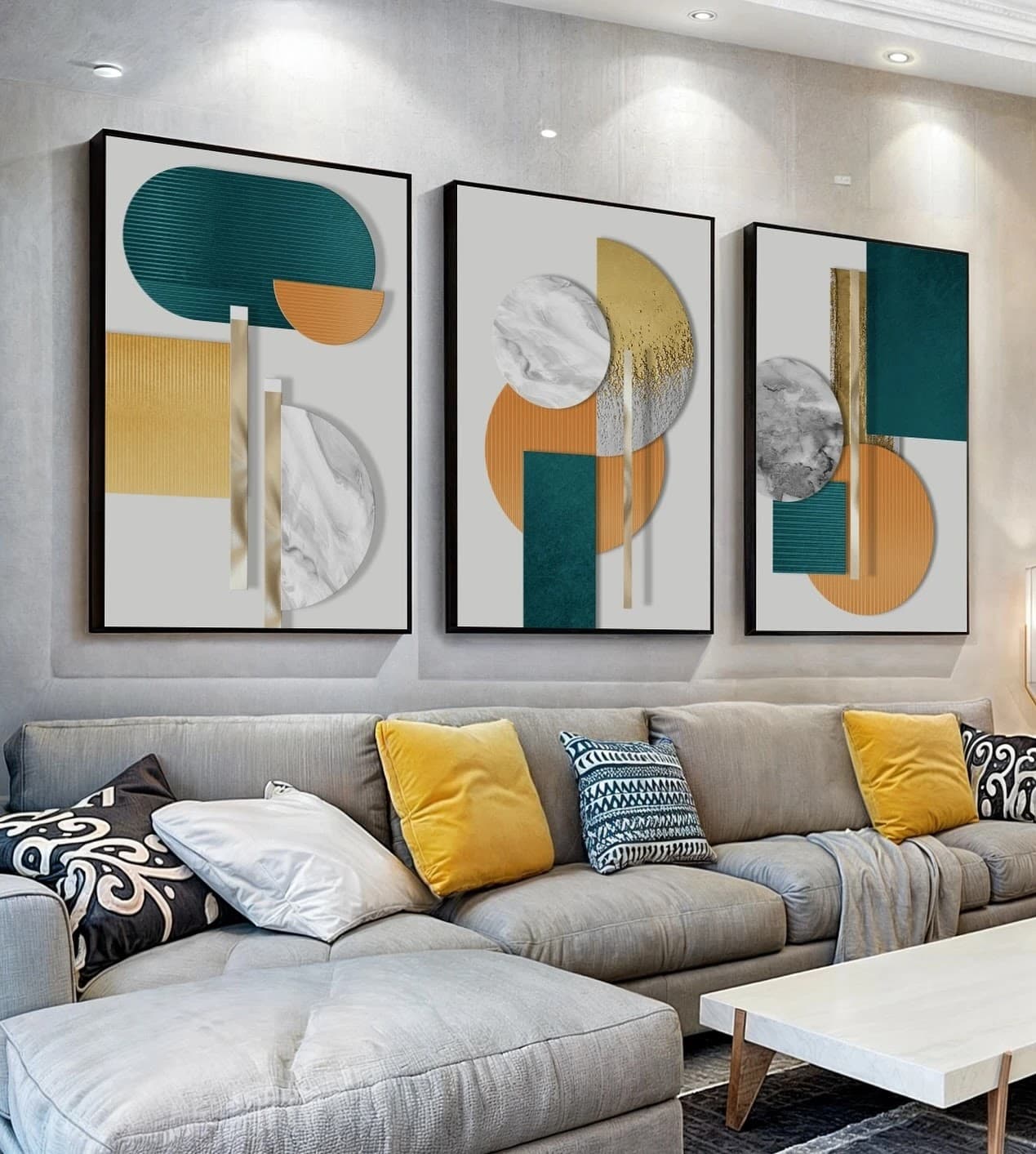 Trio de Quadros Geométrico Abstrato em Verde e Dourado
