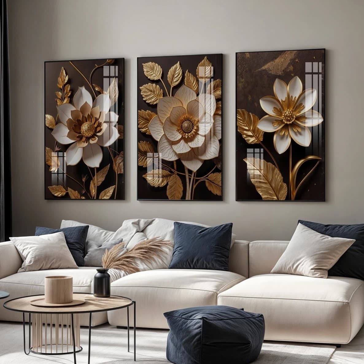 Trio de Quadros Flores Douradas Clássicas