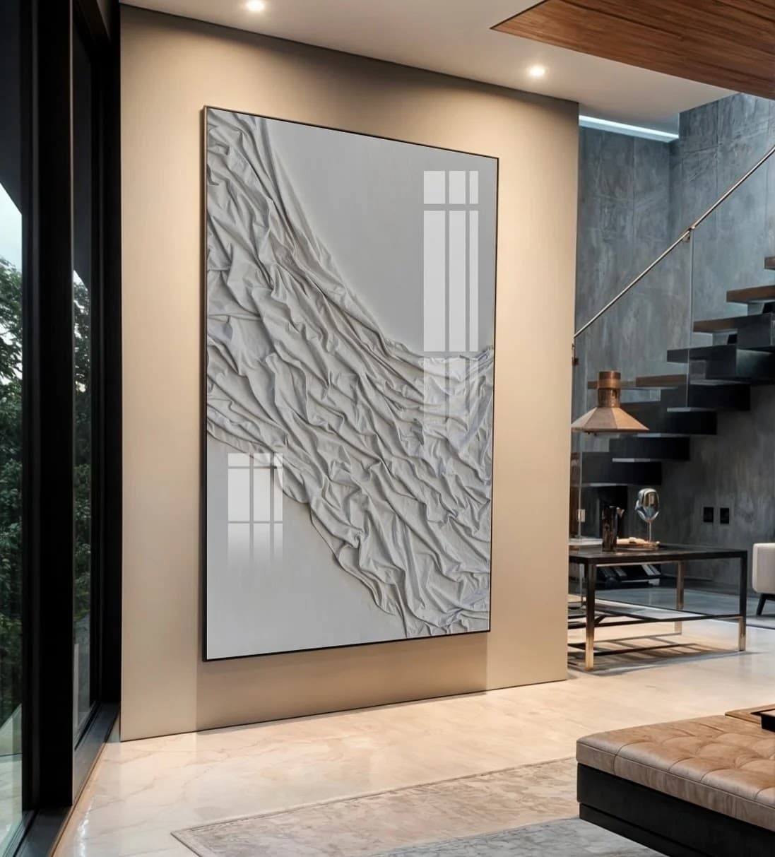 Quadro Tecido Branco Drapeado em Relevo