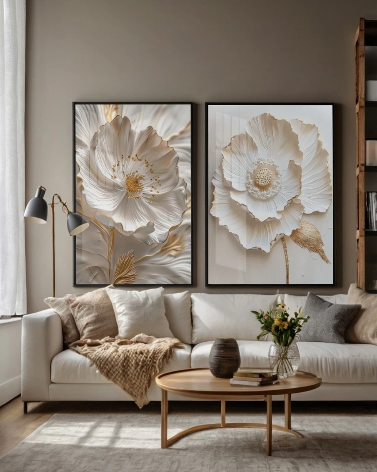 Dupla de Quadros Flores Brancas e Douradas