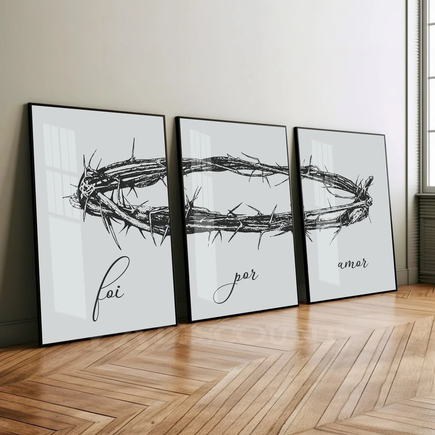 Trio de Quadros Coroa de Espinhos Foi Por Amor Fundo Branco