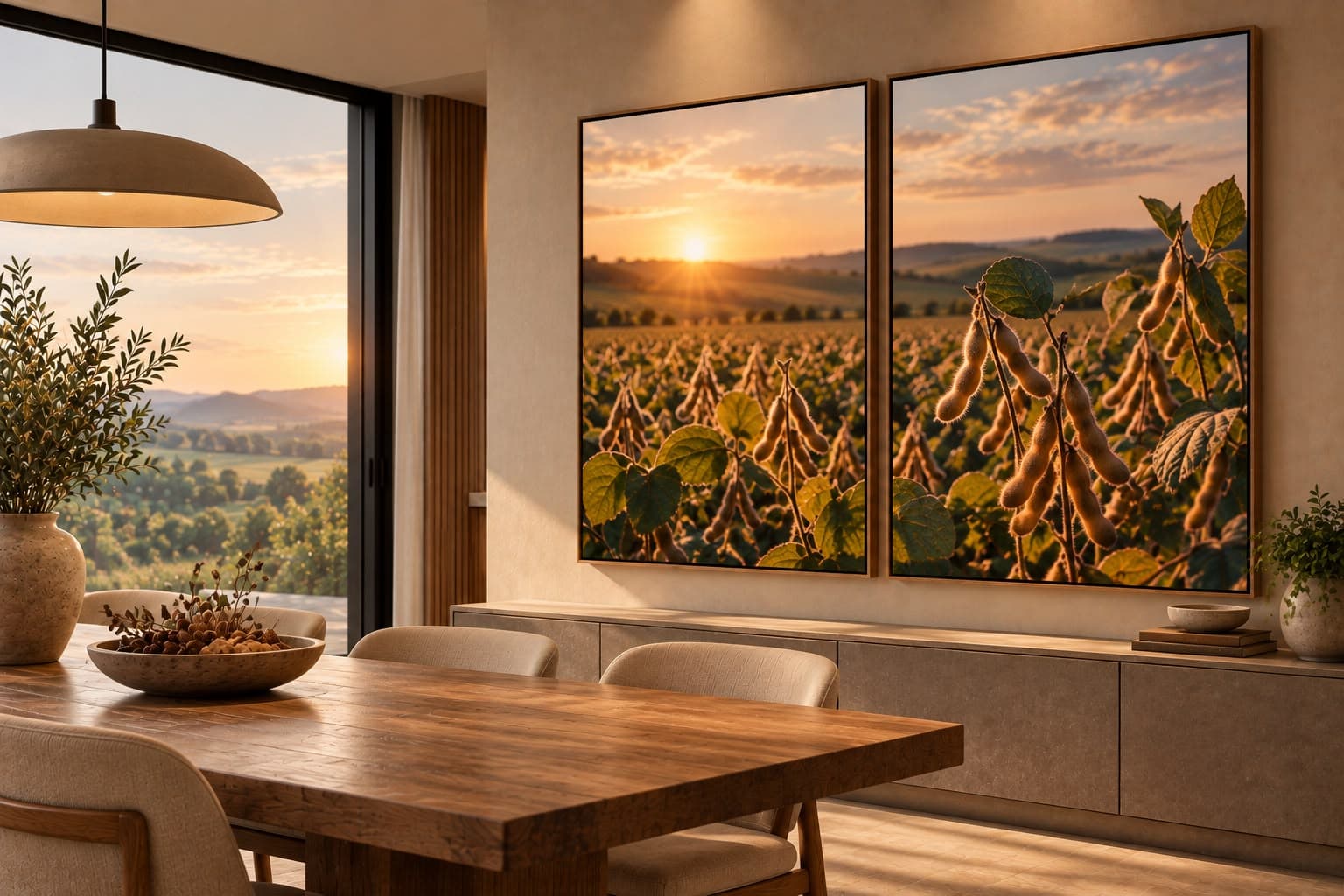Dupla de Quadros Decorativos soja ao entardecer